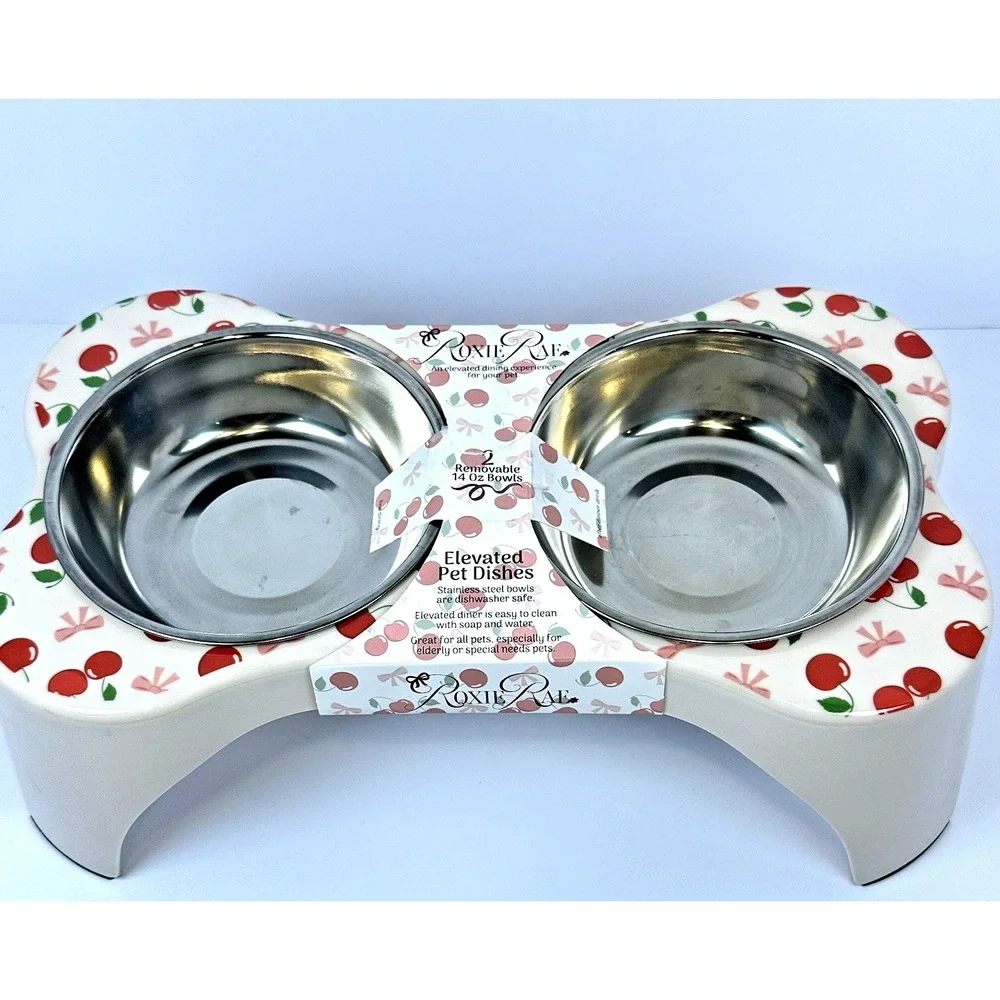 Roxie Rae Elevated Pet Bowls Cherry Print Dog Cat Feeder 2 Stainless Bowls